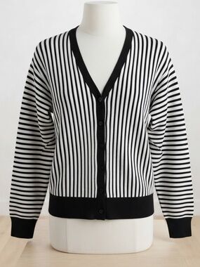 INDUSTRY| Black & White Striped V-Neck Button Front Cardigan Sweater Sz M